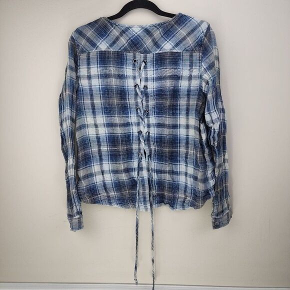 Cloth & Stone Braided Back Blue Plaid Long Sleeve Shirt Size Medium - Picture 1 of 6